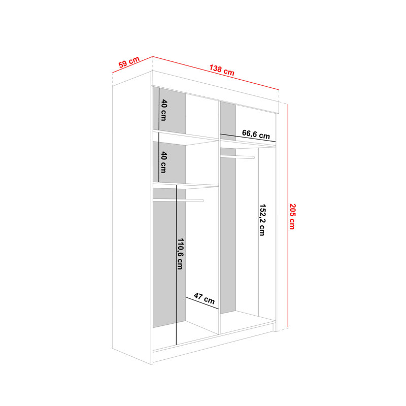 Cecillia 2 Door Wardrobe, Black, 205cm H x 140cm W x 60cm D