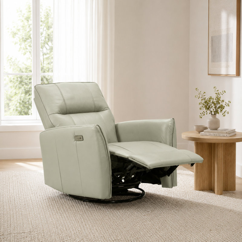 Coamhan 31.5" Wide Genuine Leather Modern Power Recliner with Swivel and Glider, Light Gray