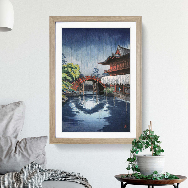 Wisteria & Half Moon Bridge at Kameido by Tsuchiya Koitsu - Picture Frame Painting Print, Oak Framed, 36cm H x 27cm W x 2cm D