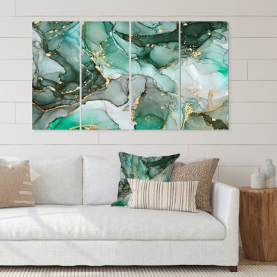 " Green Luxury Abstract Fluid Art III " 4 - Pieces