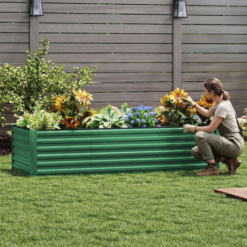 Galvanized Raised Garden Bed With Gloves, Green, 24" H x 96" W x 48" D