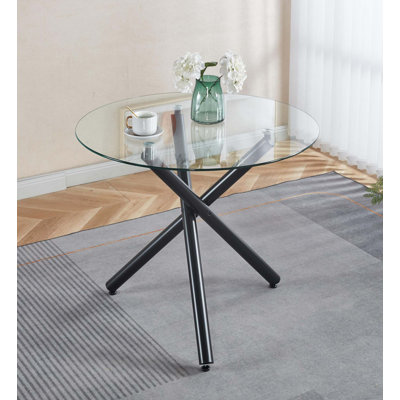 Round Dining Table With Oak Metal Leg And Tempered Glass,Modern Space Saving Kitchen Table