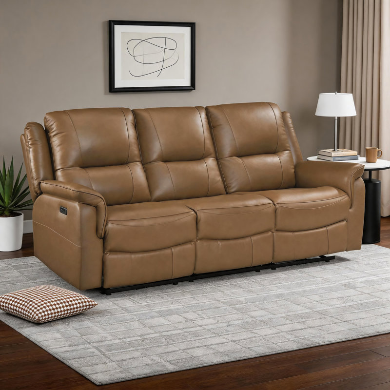 Canapé inclinable électrique double en cuir fleur de 81,5 po Lucien, Cuir fleur supérieur brun