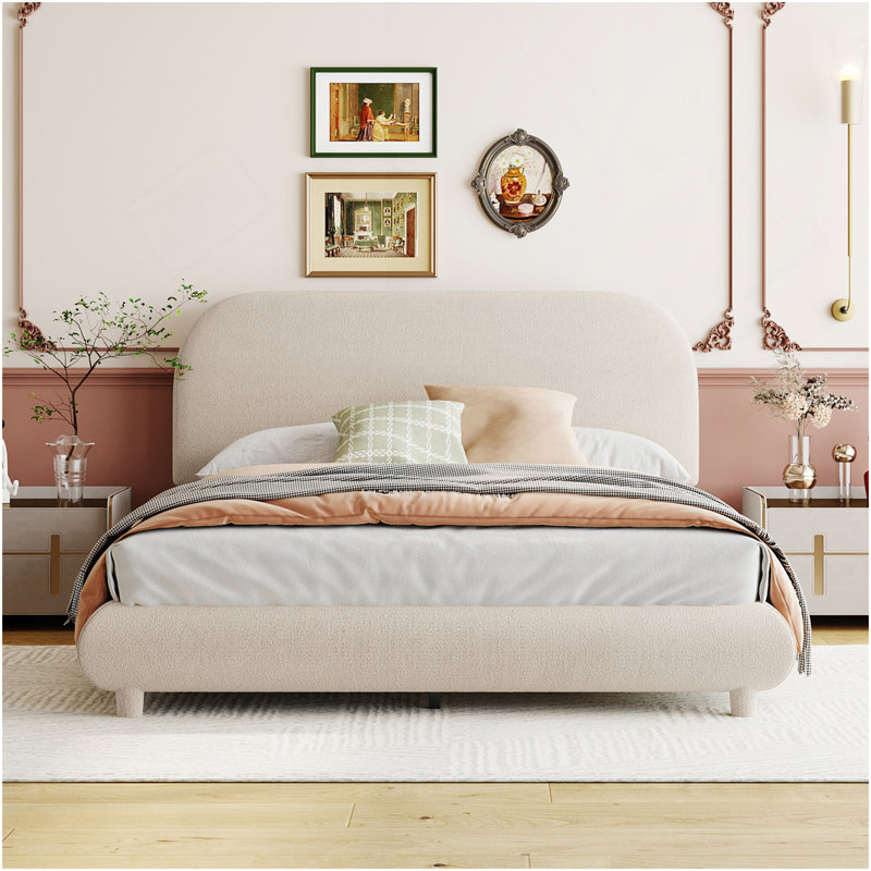 Lit plateforme en tissu d'ameublement Teddy, Beige, Lit double