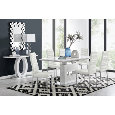 Alezzo Modern High Gloss Extendable Dining Table Set with 6 Quilted Faux Leather Dining Chairs