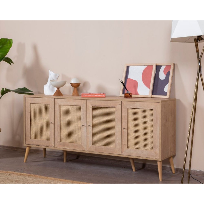 Elegant Scandinavian Console Table, Hazeran & Oak Finish, 70.9 x 31.5 x 16.1 inches | 100% Melamine Coated Chipboard & MDF, Soft-Close Doors | Wall-Mountable, Multiple Shelves, Traditional & Geometric Design