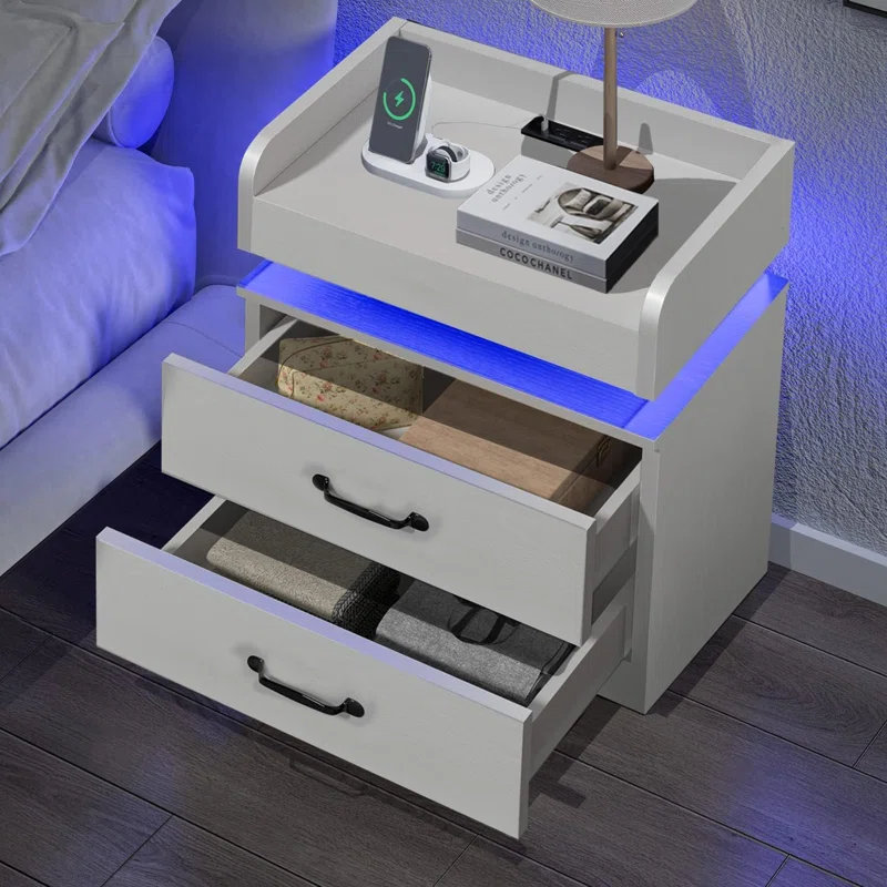 Ensemble de chambre à coucher 3 pièces, avec lit plateforme capitonné en similicuir et table de chevet DEL, Blanc, Simple
