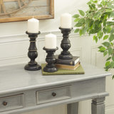 Cream Mango Wood Turned Style Pillar Decorative Candle Holder, Set of 3 10", 8", 6”H