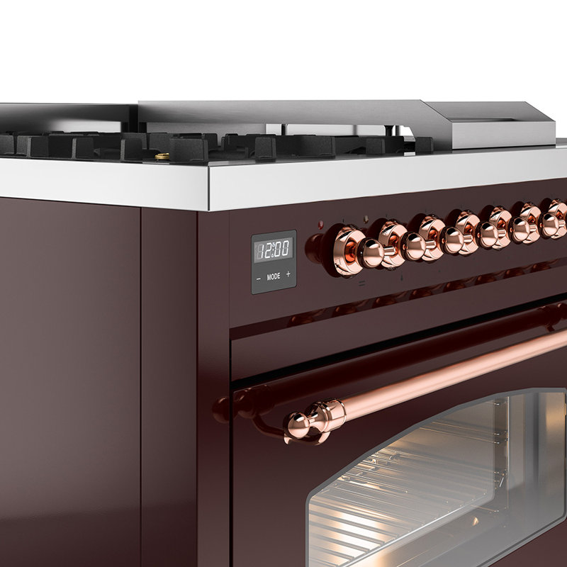 ILVE Nostalgie II Series 48 inch Dual Fuel Range with 5 Sealed Burners, Griddle, Frenchtop (Glass Door), Burgundy/Copper