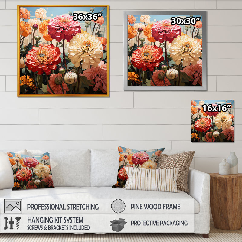 Zinnias avec leurs formes courbes I, reproduction sur toile, H 24 po x l 24 po x P 1 po, Cadre simple blanc