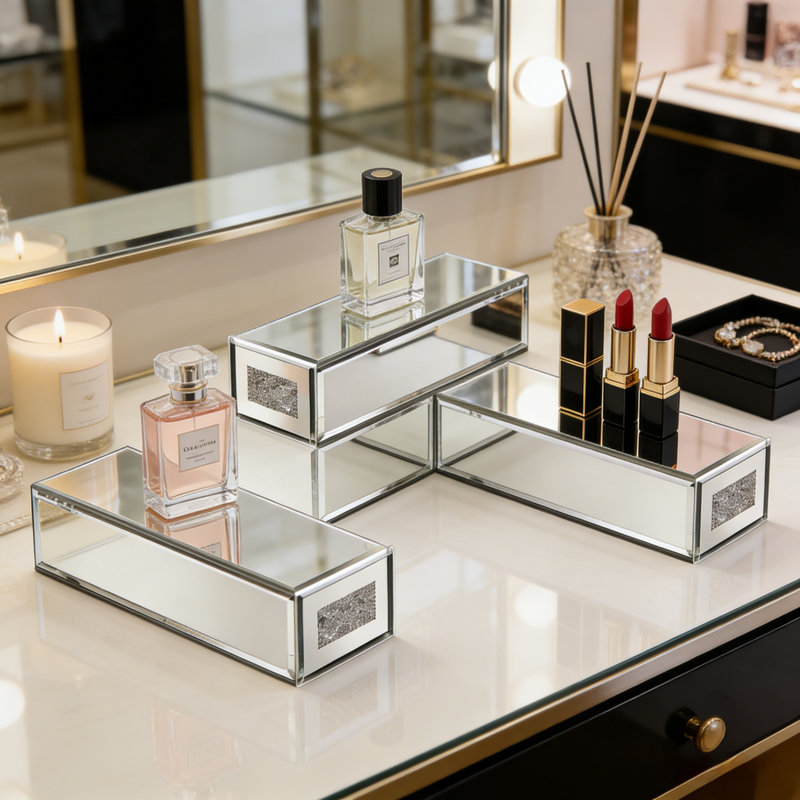 4PCS Mirrored Glass Makeup Organizer 2"W X 8"D X 3"H