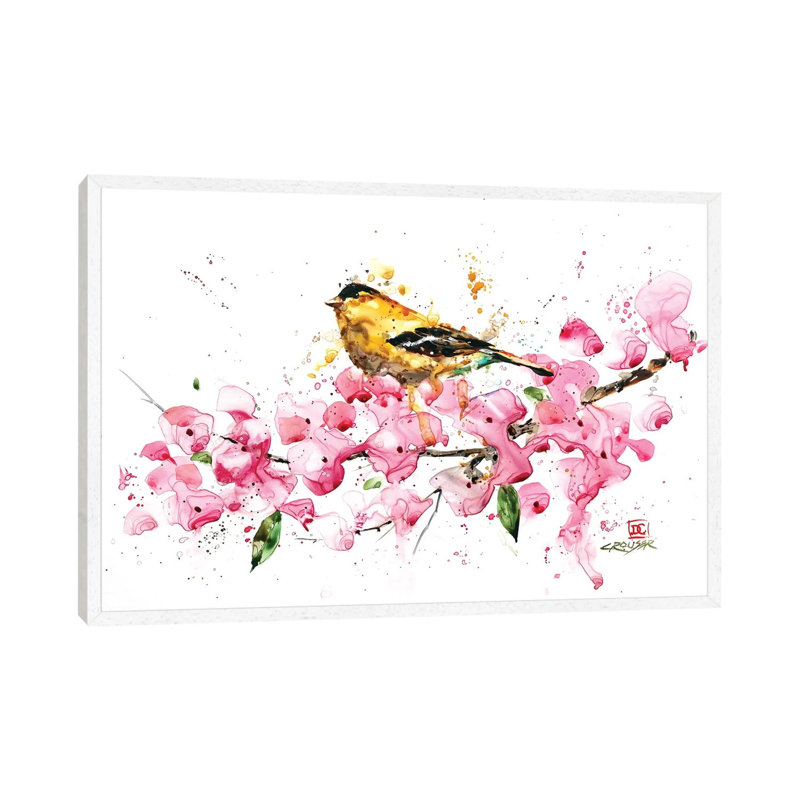 Bird And Cherry Blossoms by Dean Crouser - Painting on Canvas, White Framed, 66.04 cm H x 45.72 cm W