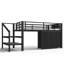 Lit simple mezzanine bas avec escalier de rangement, tiroirs et tablettes en tissu, structure en métal avec lumières et espace sous le lit, noir-129754909