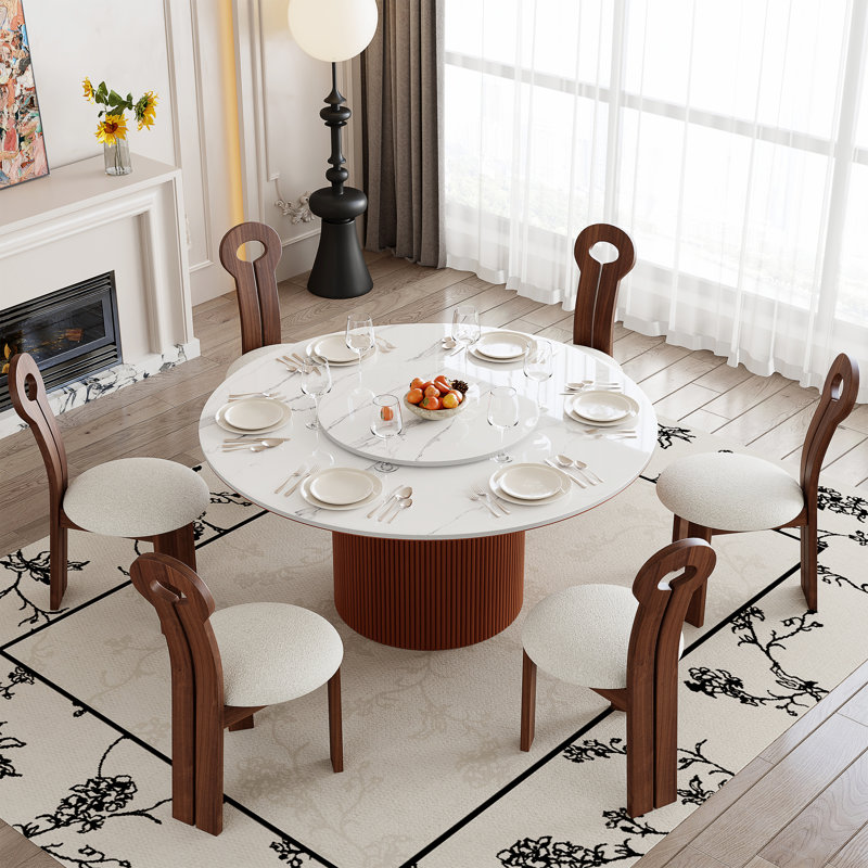 Modern 59"Round Dining Table with Lazy Susan, White Glossy Sintered Stone Top, Wood leg, Brown
