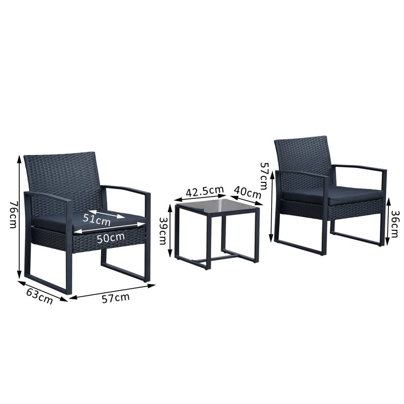 Taube 2 Seater Rattan Conversation Set, Black