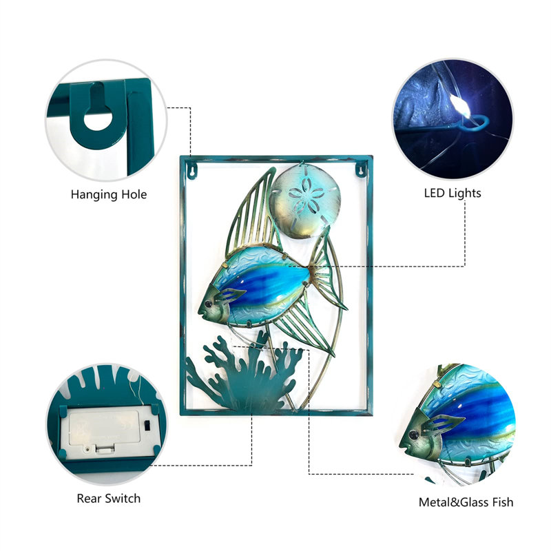 Blue Glass and Iron Fish Wall Sculpture with LED Lights