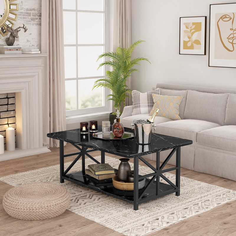Faux Marble Top Rectangular Coffee Table With Black Metal Frame, 2 Tier Coffee Table With Storage Shelf, Rectangular Center Table For Living Room Modern Style For Living Room, Office, Balcony