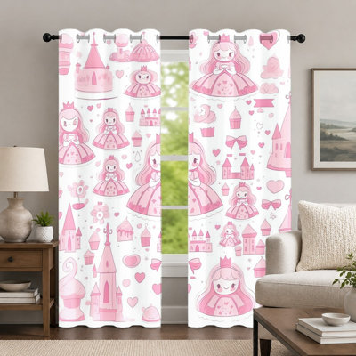 2Pcs Princess and Castle Pattern Curtains, Cartoon Style Window Panel, Cute Girl Theme Printed Art Grommet Drapes, Window Treatment for Bedroom Living Room Decor