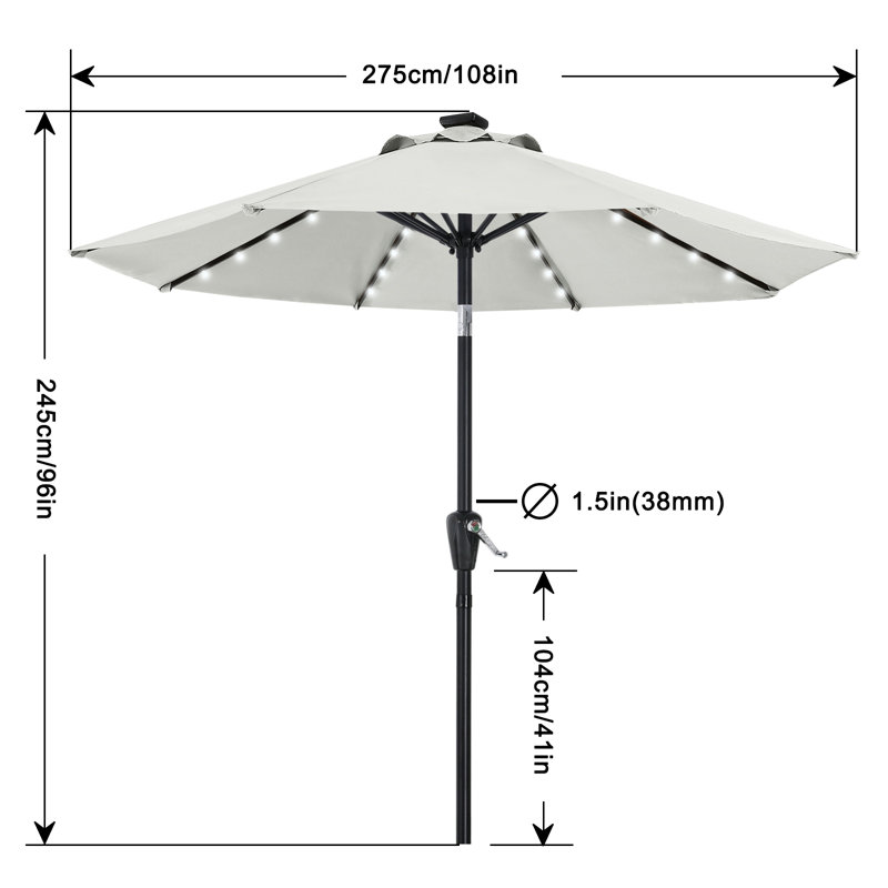 Cutshall Solar LED Market Umbrella with Tilt and Crank Lift, Light Grey, 9'