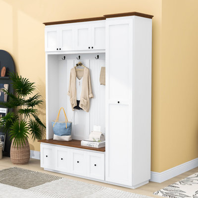 Entryway Hall Tree with Storage Bench, 4 Drawers, 2 Top Cabinets and 4 Hooks