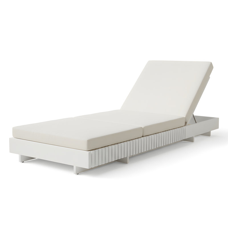 Acacia Solid Wood Outdoor Chaise Lounge With 3-Fold Water-Repellent Cushion, Cream, White