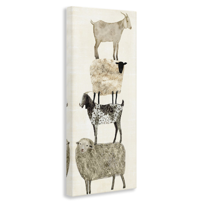«Fun Stacked Sheep and Goats Farm Animals», impression, 24" H x 10" W, Giclée encadrée blanc bord de mer