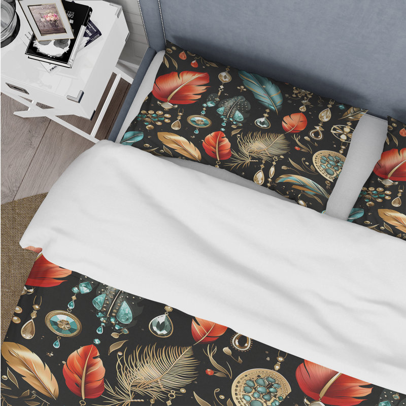 Black Jewerly Boho Chic Floral Duvet Cover, King Duvet Cover + 2 King Shams
