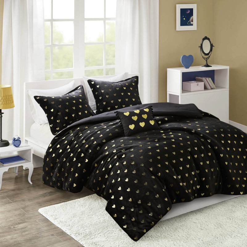 4 édredon ultraléger en cœur métallique noir / or doux et lavable à la machine, Full Comforter + 3 Additional Pieces, Black
