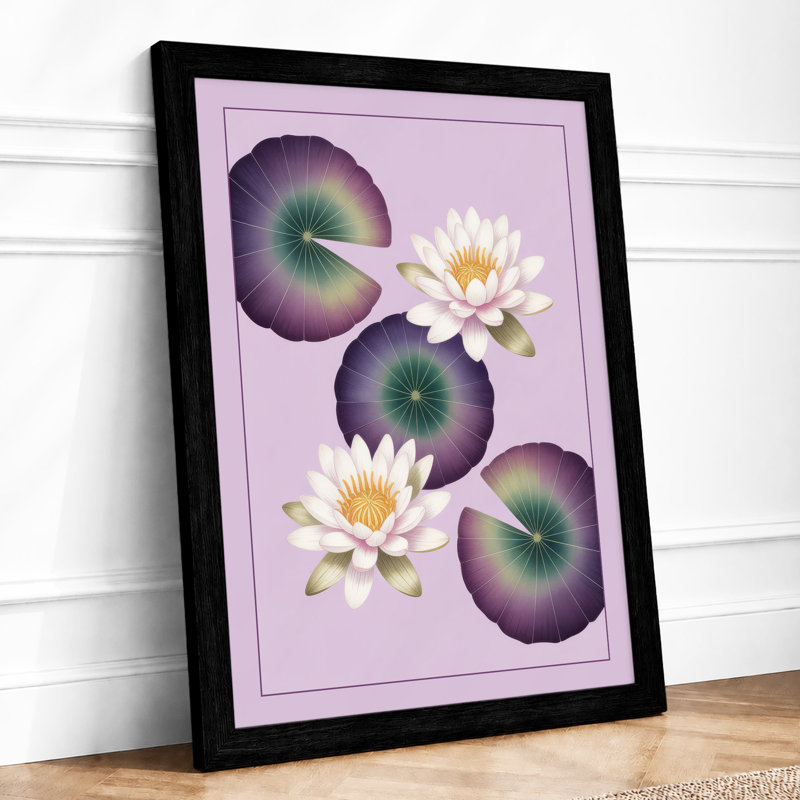Water Lilies in Bloom Botanical - Framed Print, A2 - 59.4 x 42.0 cm, Black