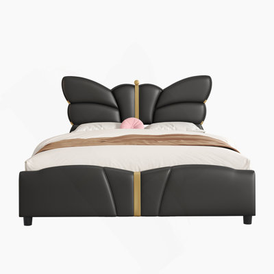 Upholstered Bed Frame With Butterfly Shaped Headboard And Footboard, Platform Bed Frame With Metal Decorations