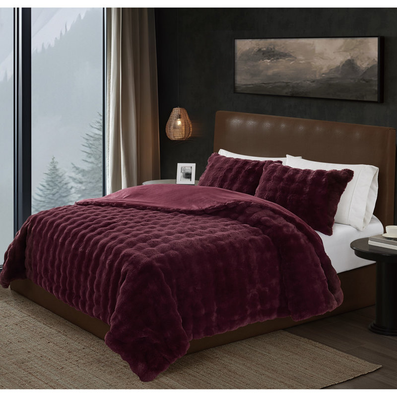 Ensemble d'édredon en fausse fourrure Frye Bubble, Figue, Édredon pour très grand lit + 2 taies décorativ