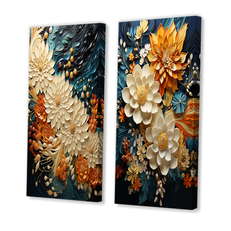 Tourbillon botanique orange sarcelle II - ensemble d'art mural abstrait de 2 art mural moderne pour la décoration intérieure