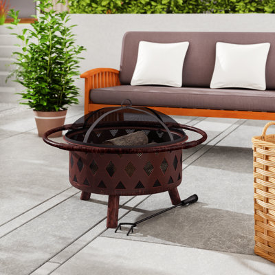 Mast Round Wood-Burning Bronze Finish Crossweave Fire Pit with Screen and Poker - 30"