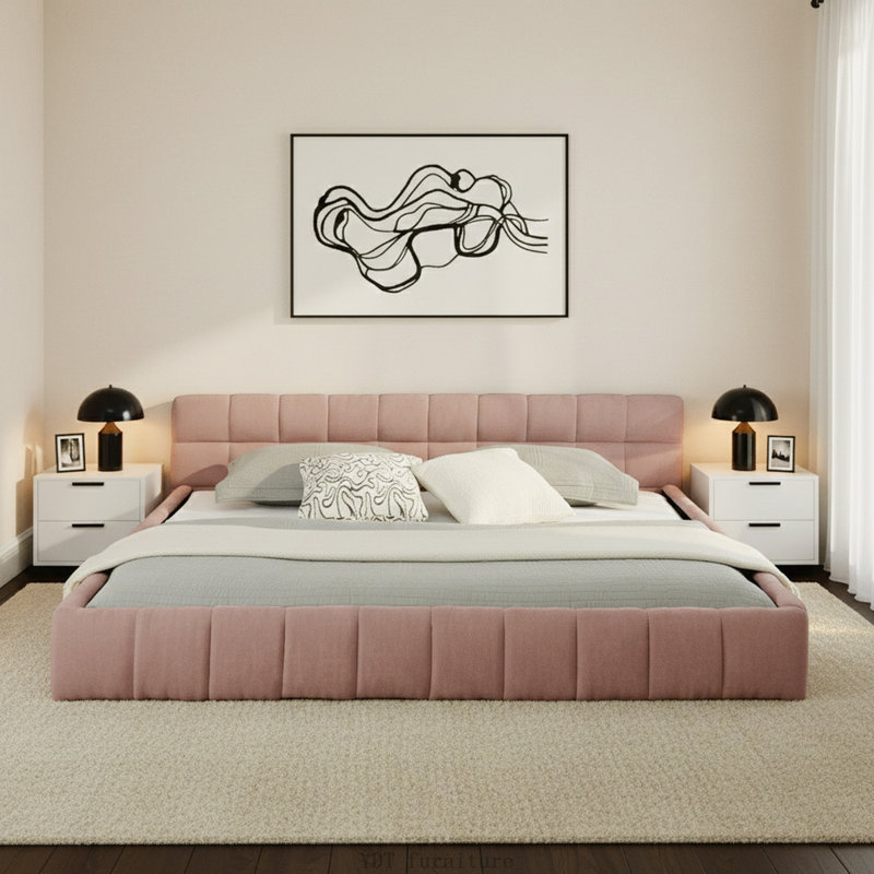 Très grand lit plateforme tapissier avec tête de lit, tissu chenille, rose, Rose