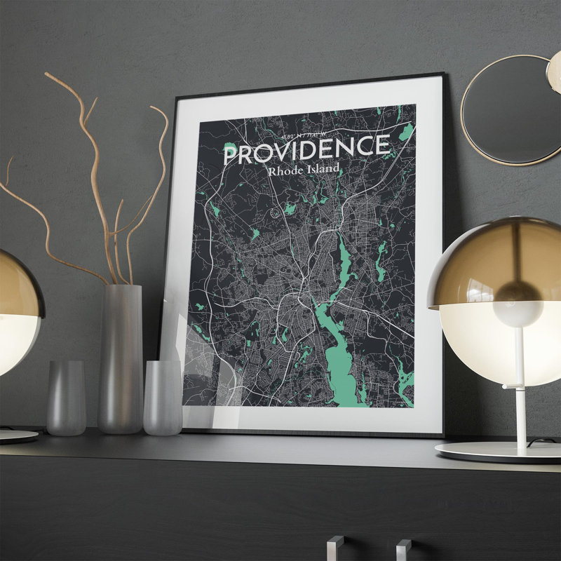 Providence, carte de la ville, impression, H 24 po x l 18 po, Vert / gris