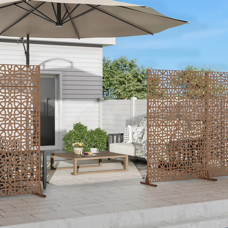 6 ft. H x 4 ft. W Metal Privacy Screen Fence Panel Flower Pattern, Brown