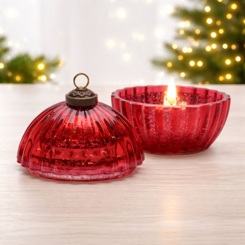 Glass Ornament with LED Candle Inside 4"D, Rouge