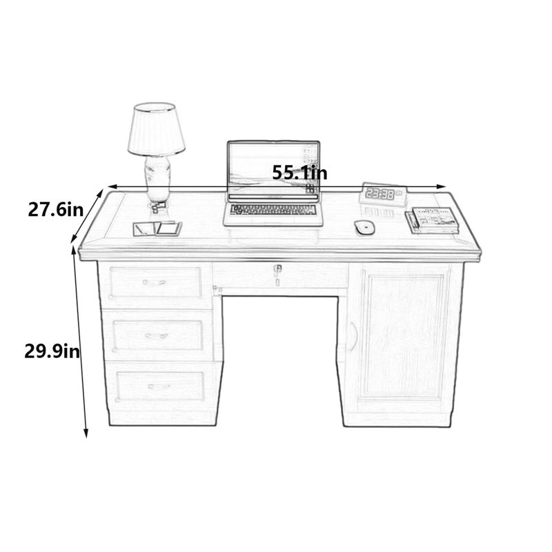 Bureau en bois d'hévéa massif importé, H 29,9 po x l 55,1 po x P 27,6 po