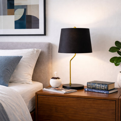 Modern Curved Gold Metal Table Lamp, Black Drum Fabric Shade Nightstand Lamp, Minimalist Accent Desk Lamp for Bedroom Living Room Entryway Office Decor