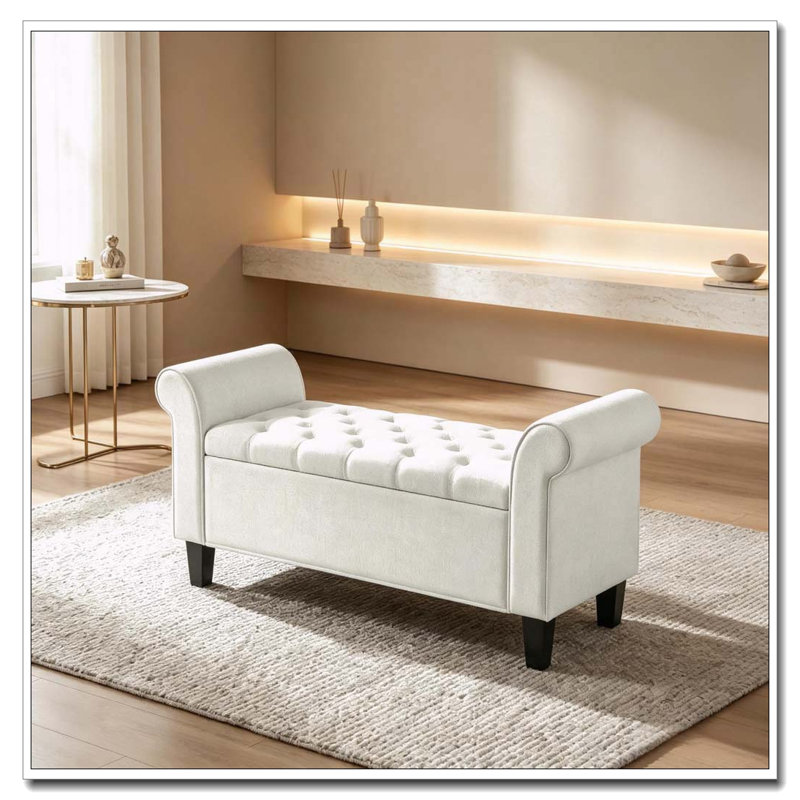 Banc de rangement touffeté à accoudoirs roulés, Blanc, crème, Blanc, crème