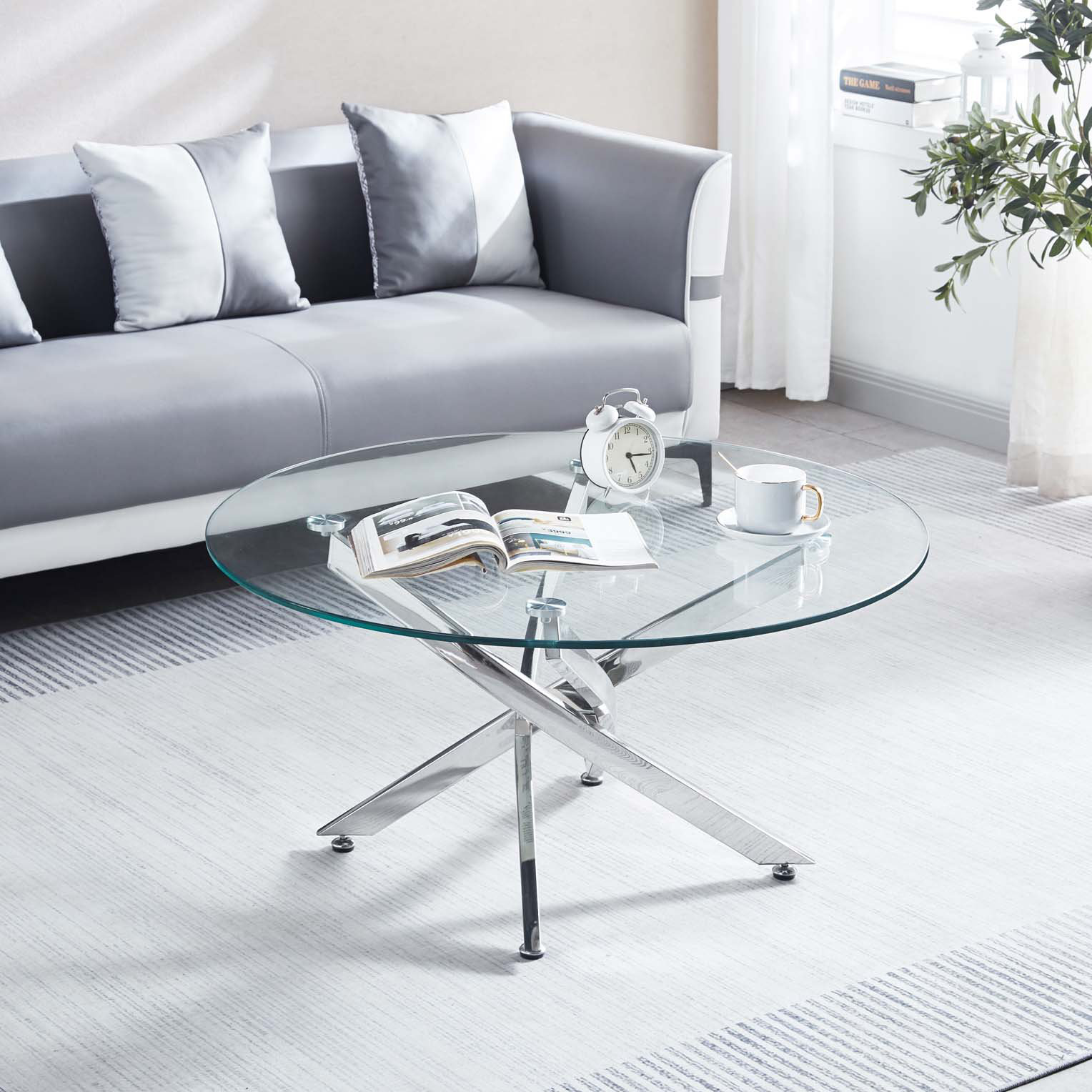 Ivy Bronx Modern Round Tempered Glass Coffee Table with Chrome Legs and ...