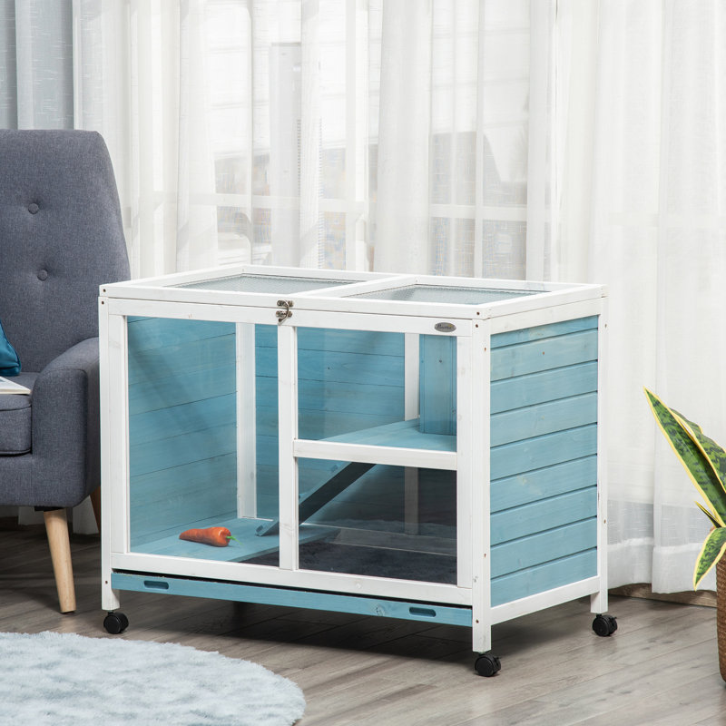 Cage à lapin compacte avec roulettes - Bleu, bureau et table d'appoint de taille imperméable, sécuritaire, pour 1 ou 2 lapins nains, petits espaces télescopiques en bois bleu