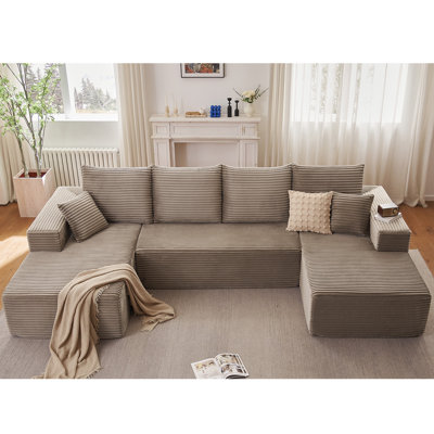 Canapé modulaire en nuage pour le salon, grand canapé en U en forme de U avec 6 coussins, canapé moelleux en velours côtelé 144,9 x 69,7 po avec assise profonde gauche et droite, sans assemblage