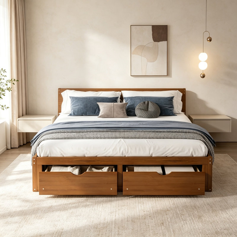 Lit plateforme avec 6 tiroirs de rangement, lit de rangement en bois de pin, Grand lit, Noyer
