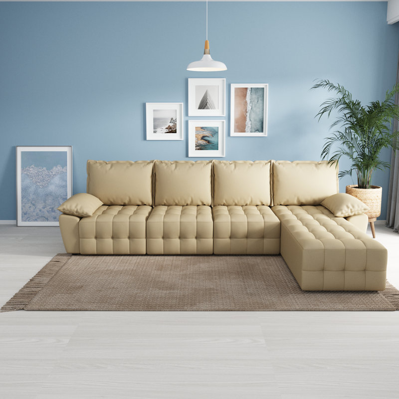 97 inch Modular Sectional Sofa Set, Extra Large L Shaped Couch with Reversible Chaise Modular Convertible Sectional Couch, Couches for Living Room Bedroom Lounge Office, Leather, Mustard Gold