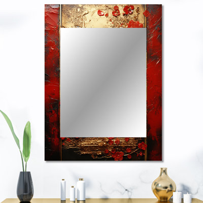 «God and Red Floral Japanese Tiles III - Botanicals», miroir décoratif doré, impression sur métal
