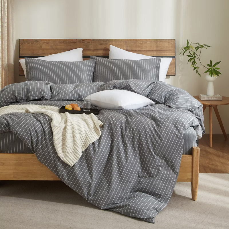 XINMIANFANG Striped Duvet Cover Set 100% Washed Cotton Comforter Cover for All Seasons Linen Feel Bedding Set