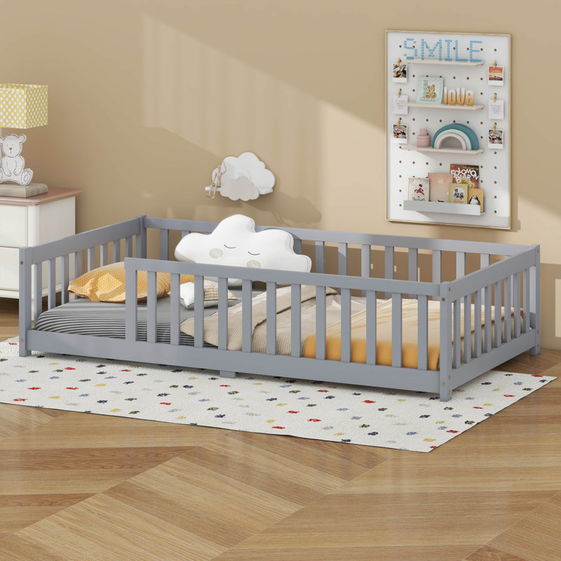 Wood Twin Bed Frame With Fence Guardrails, Grey