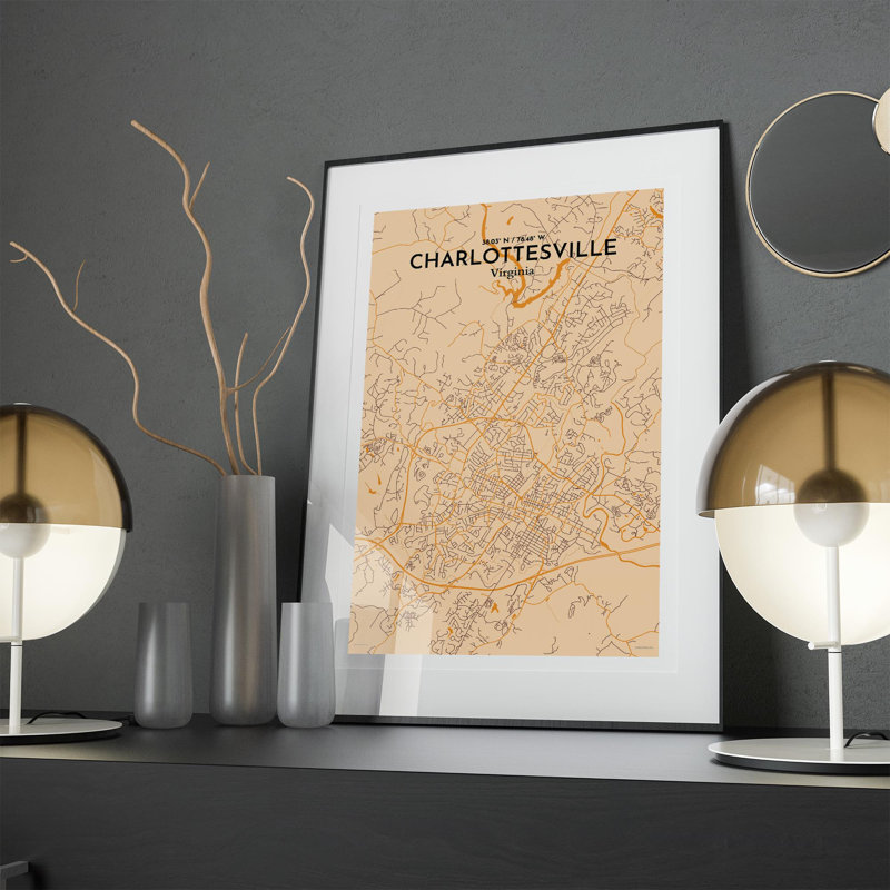 Charlottesville, carte de la ville, impression graphique, H 17 po x l 11 po x P 0,05 po, Orange / or pâle