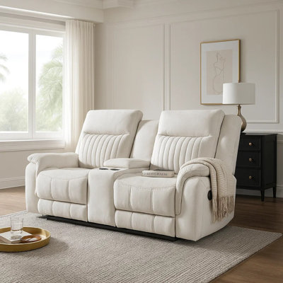 Lenny Manual Recliner Loveseat W Cupholder Console, Beige Microfiber